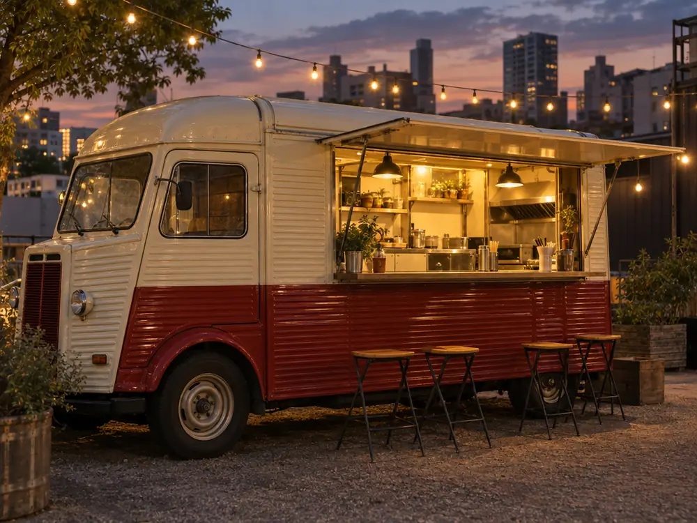 Cream and red vintage food truck under string lights at dusk
