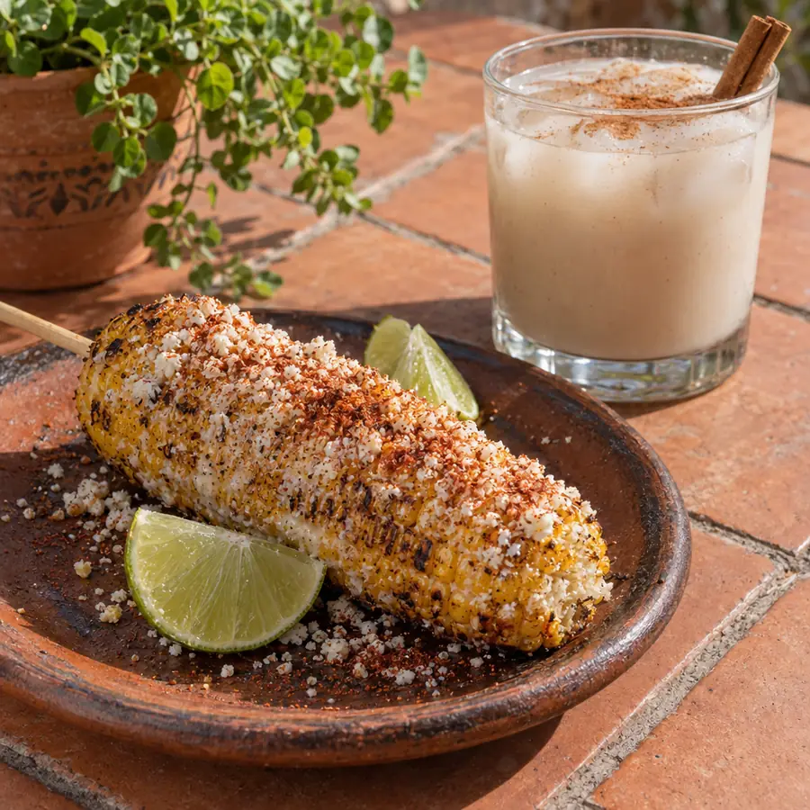 Grilled elote with cotija and a glass of horchata